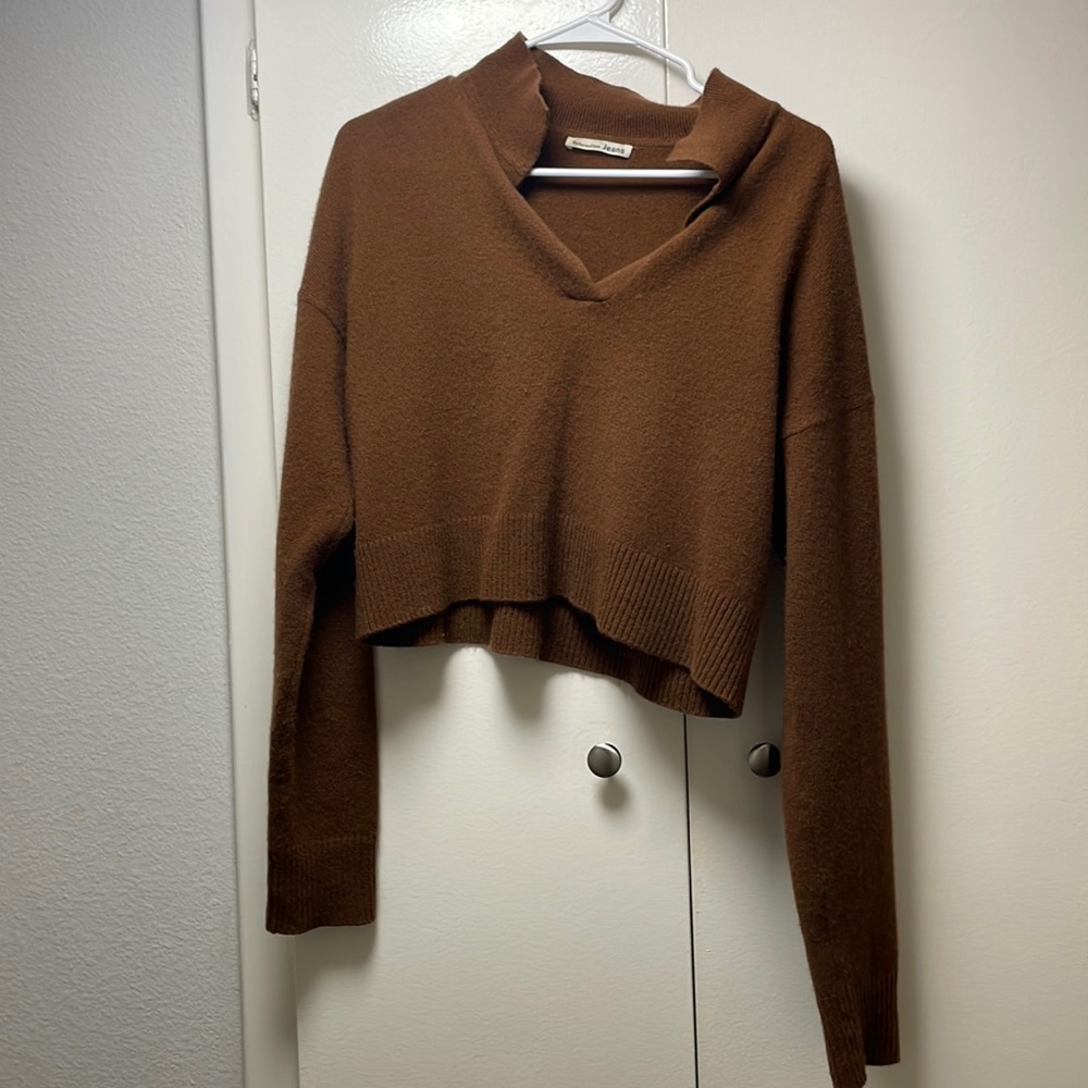 Reformation Brown Cropped V-Neck Sweater Top